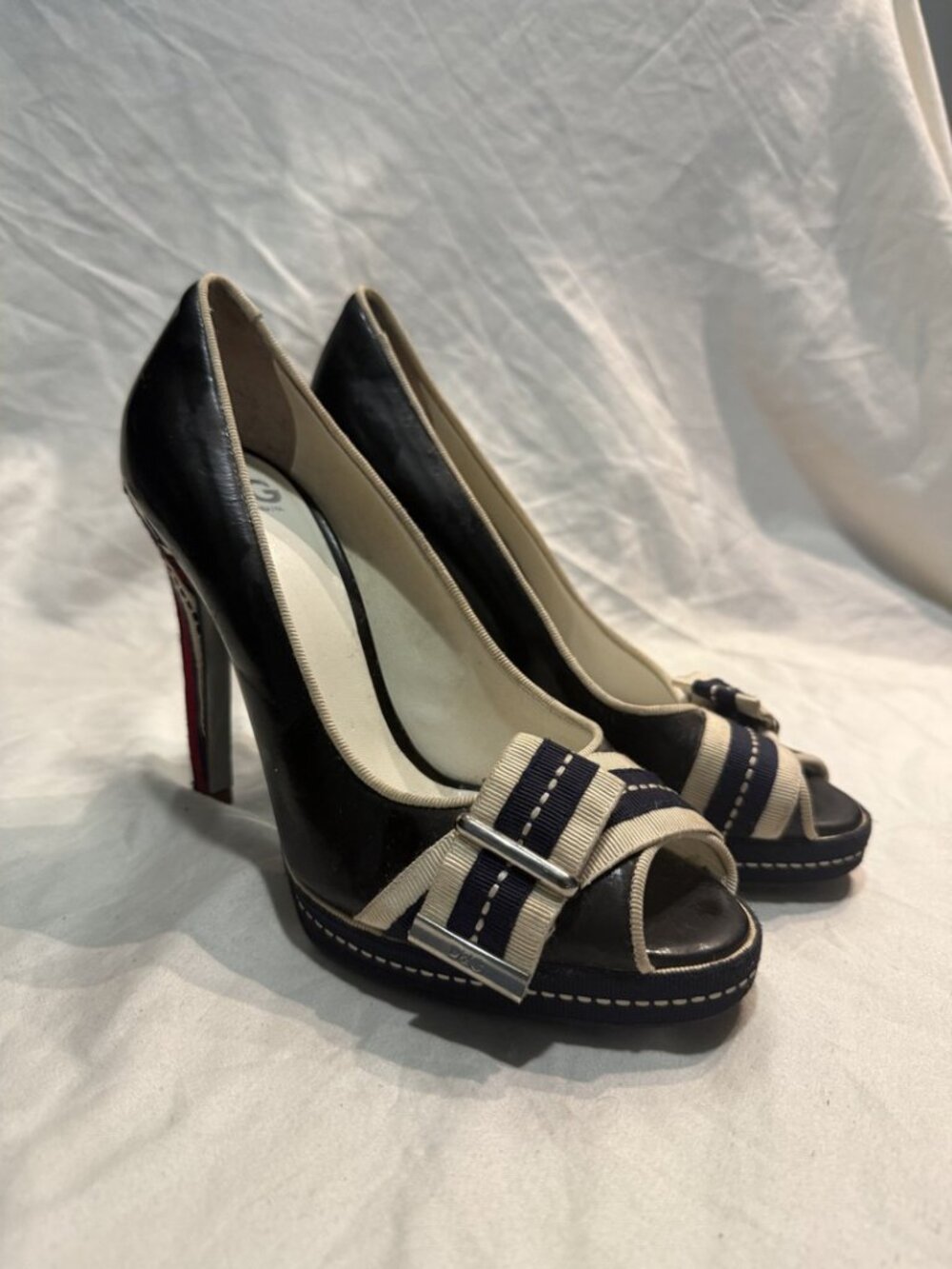 D&G Stripey Peep Toe Platform Pump Navy Patent EU 39 US 8.5 Spring Summer 2008
